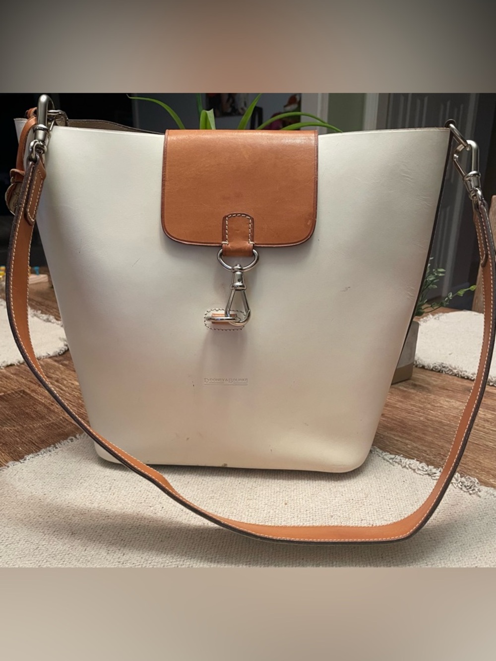 Dooney & Bourke Cream Leather Shoulder Bag with Tan Trim